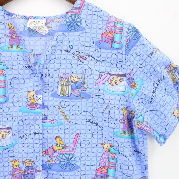 Simply Basic Scrub Top Womens Blue Cartoon All Over Print V Neck Size Small S - Picture 2 of 9